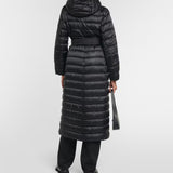 Black quilted down coat with hood and belt, knee-length design, shown from back — Max Mara | Endless UAE
