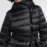 Black quilted down coat with tie waist belt and high collar on model — Max Mara | Endless UAE