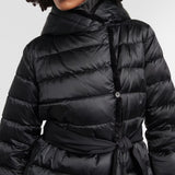 Black quilted down coat with tie waist belt and high collar on model — Max Mara | Endless UAE