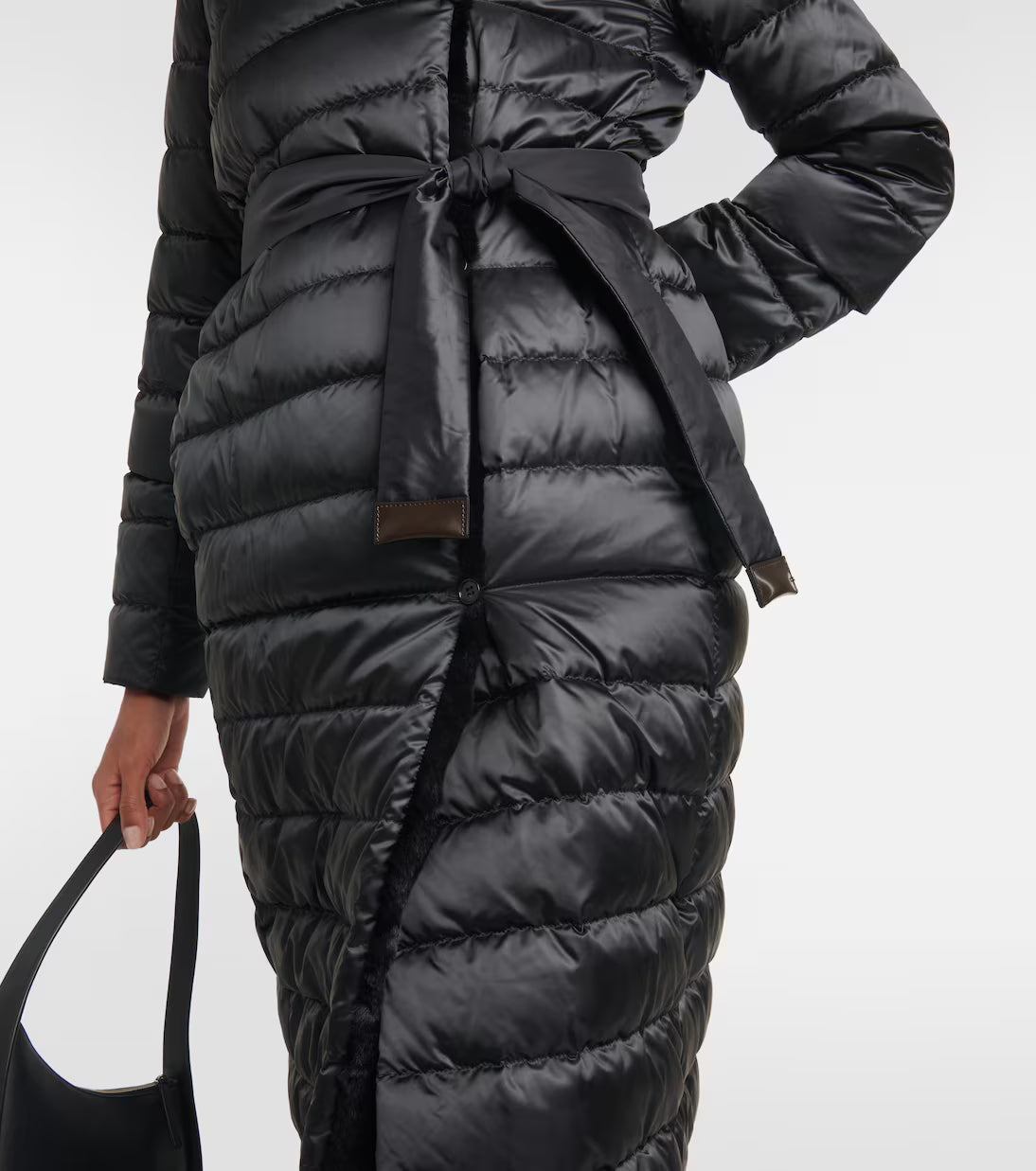 Black quilted down coat with tie waist belt and horizontal padding detail — Max Mara | Endless UAE