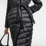 Black quilted down coat with tie waist belt and horizontal padding detail — Max Mara | Endless UAE
