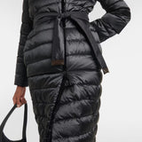 Black quilted down coat with tie waist belt and horizontal padding detail — Max Mara | Endless UAE
