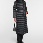 Black quilted down coat with belt and hood worn with matching accessories — Max Mara | Endless UAE
