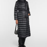 Black quilted down coat with belt and hood worn with matching accessories — Max Mara | Endless UAE