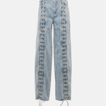 Lace-detail straight jeans in light blue wash with corset-style lacing down the sides and adjustable ties at hem — Rotate | Endless UAE