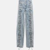 Lace-detail straight jeans in light blue wash with corset-style lacing down the sides and adjustable ties at hem — Rotate | Endless UAE