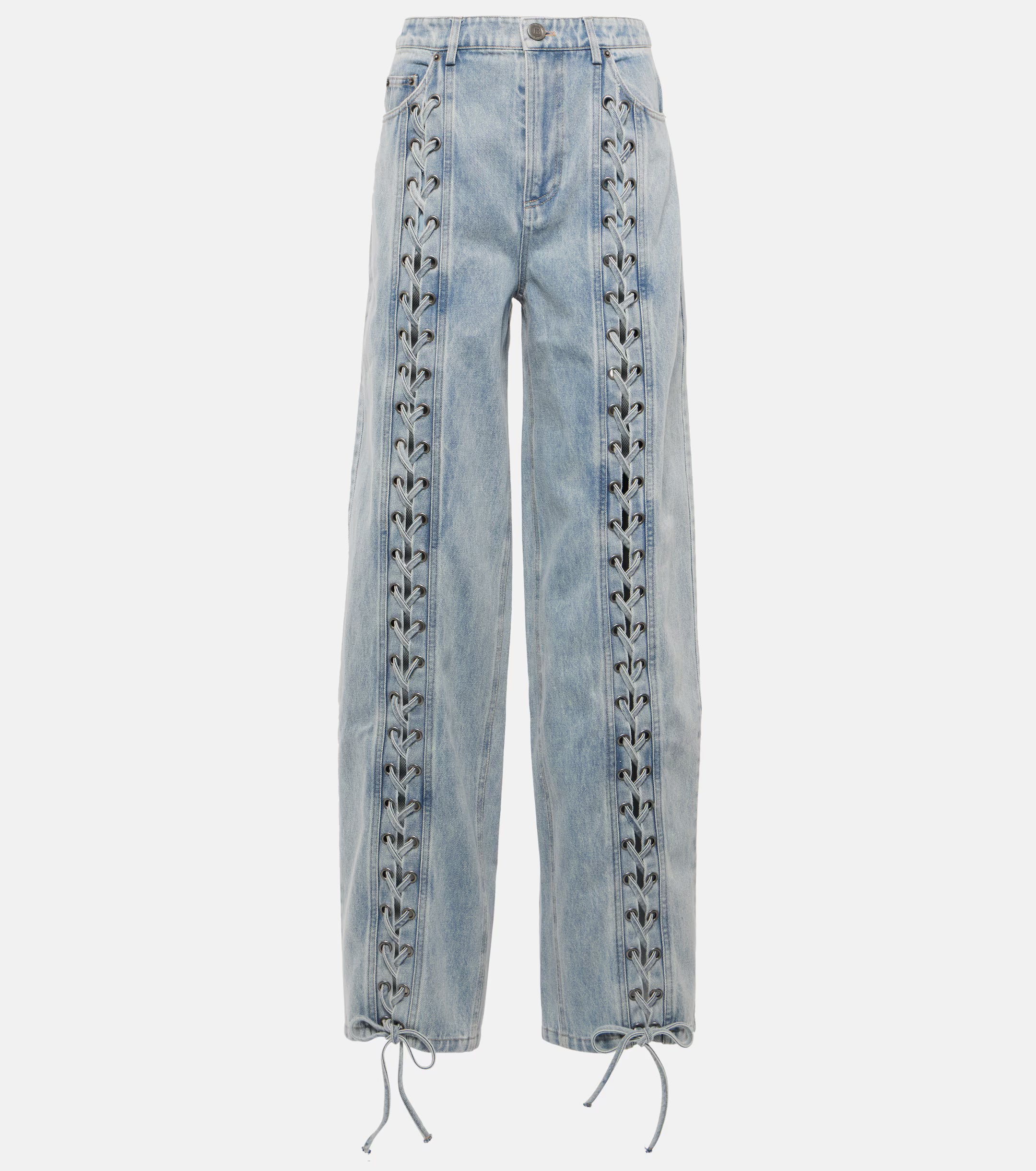 Lace-detail straight jeans in light blue wash with corset-style lacing down the sides and adjustable ties at hem — Rotate | Endless UAE