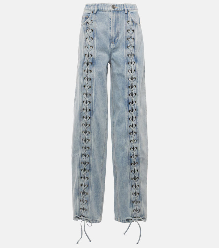 Lace-detail straight jeans in light blue wash with corset-style lacing down the sides and adjustable ties at hem — Rotate | Endless UAE