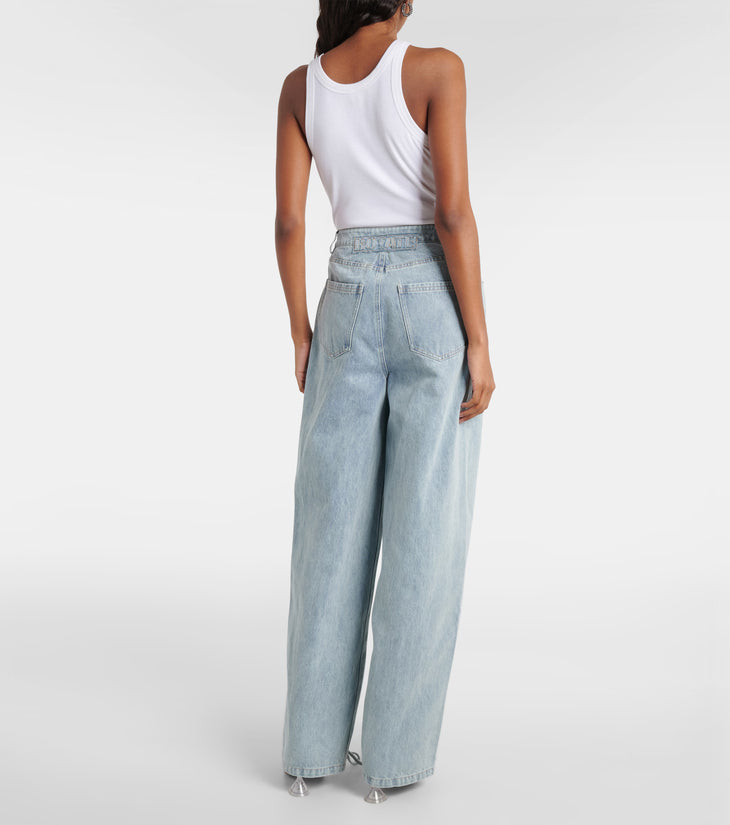 Light blue wide-leg jeans with high waist and classic five-pocket design, shown from back — Rotate | Endless UAE