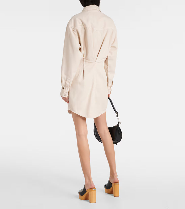 Liliko Twill Shirt Dress in cream with belted waist and long sleeves, worn with black bag and wooden heel mules — Isabel Marant | Endless UAE
