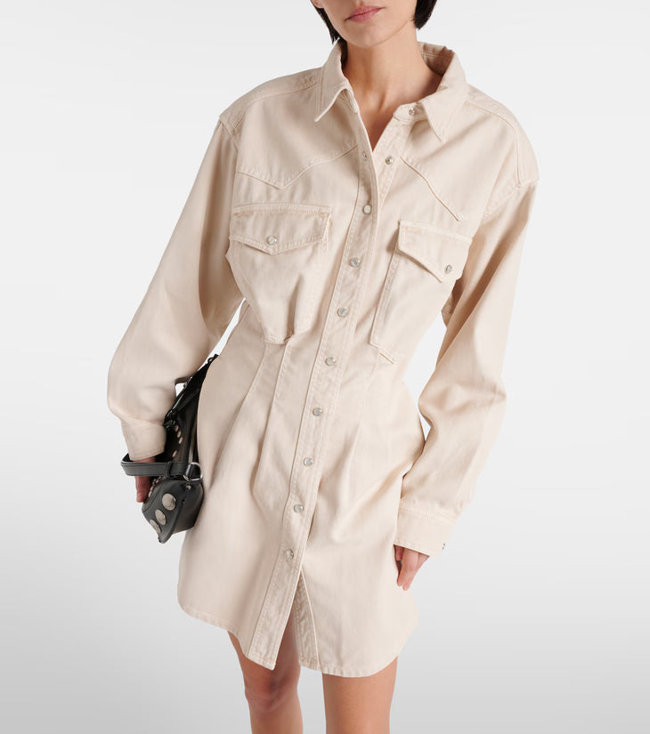 Beige oversized twill shirt dress with chest pockets and button-front closure on model — Isabel Marant | Endless UAE
