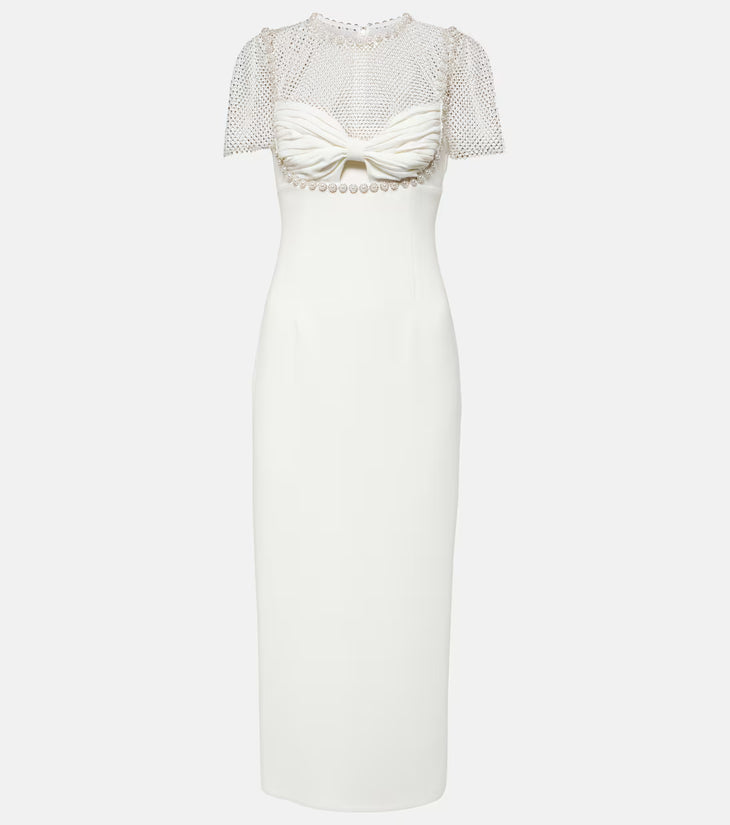 Ivory midi dress with sheer embellished mesh overlay, ruched bust detail, and crystal trim on neutral background — Self-portrait | Endless UAE