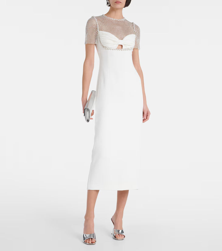 White midi dress with sheer embellished mesh overlay, twisted bust detail and pearl trim — Self-portrait | Endless UAE