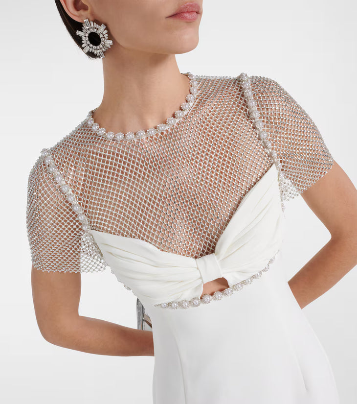 Bridal white midi dress with crystal-embellished mesh overlay and draped bodice detail — Self-portrait | Endless UAE