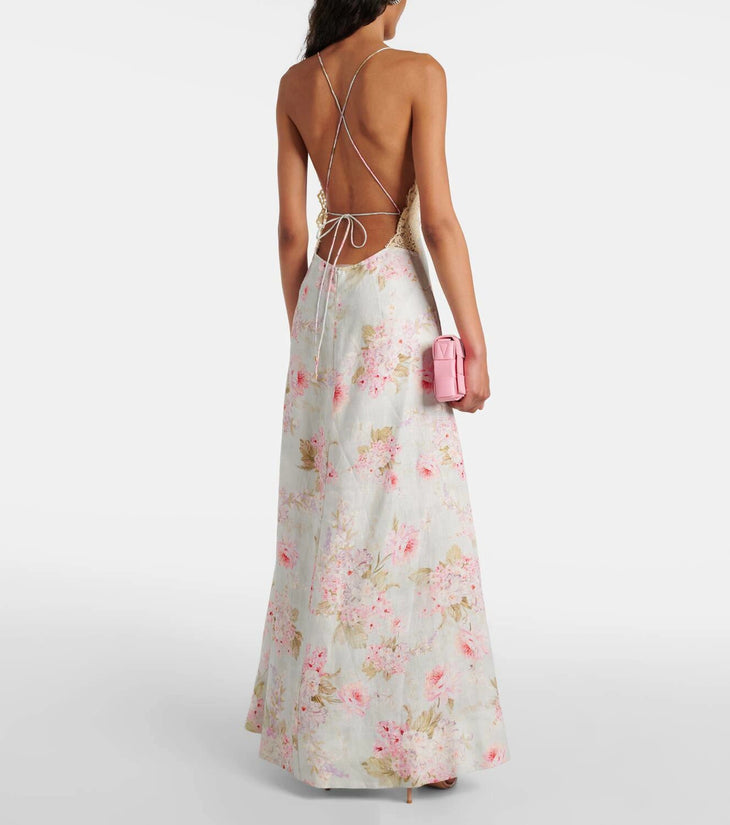 Halliday lace-trimmed floral maxi dress in cream with pink flowers — Zimmermann | Endless UAE