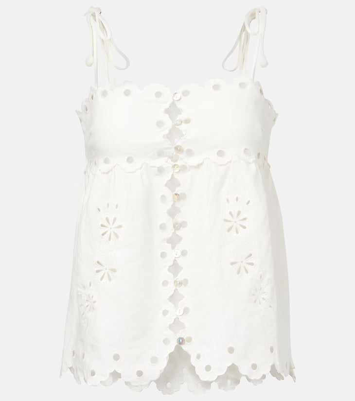 White sleeveless blouse with richelieu embroidery and scalloped hem — FARM Rio | Endless UAE