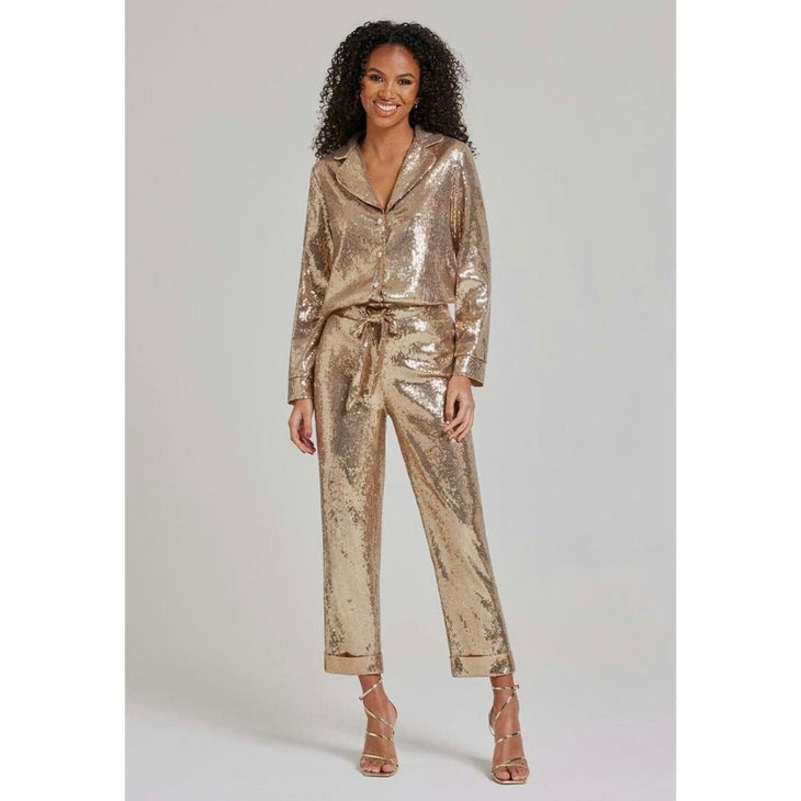 Gold sequin long-sleeve crop top and cropped trousers co-ord set — Nadine Merabi | Endless UAE