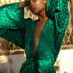 Emerald green silk dress with leopard print and dramatic puff sleeves, featuring a plunging neckline — Rat & Boa | Endless UAE