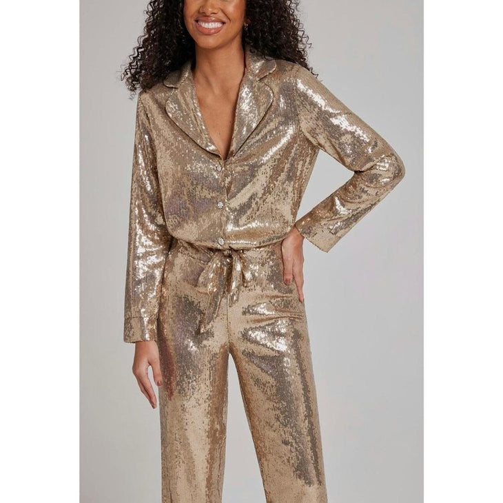 Gold sequin long-sleeve crop top and cropped trousers co-ord set — Nadine Merabi | Endless UAE