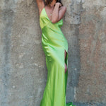 Neon green backless satin gown with halter neckline and high slit — By Keara | Endless UAE
