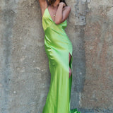Neon green backless satin gown with halter neckline and high slit — By Keara | Endless UAE