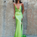 Neon green backless satin gown with halter neckline and high slit — By Keara | Endless UAE