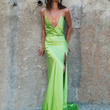 Neon green backless satin gown with halter neckline and high slit — By Keara | Endless UAE