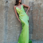Neon green backless satin gown with halter neckline and high slit — By Keara | Endless UAE