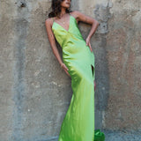 Neon green backless satin gown with halter neckline and high slit — By Keara | Endless UAE