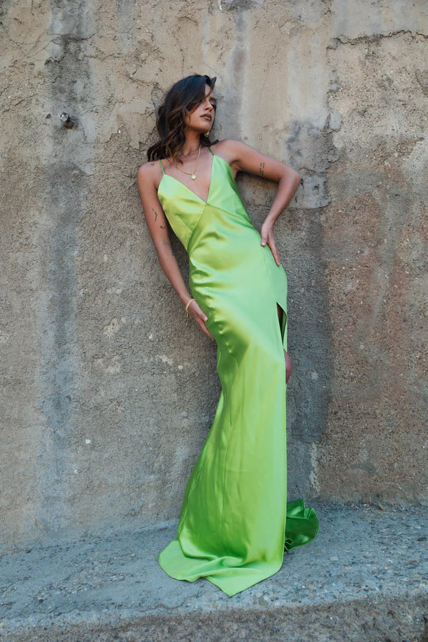 Neon green backless satin gown with halter neckline and high slit — By Keara | Endless UAE