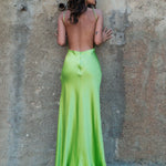 Neon green backless satin gown with halter neckline and high slit — By Keara | Endless UAE