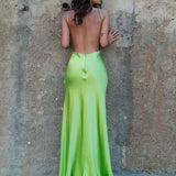 Neon green backless satin gown with halter neckline and high slit — By Keara | Endless UAE
