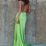 Neon green backless satin gown with halter neckline and high slit — By Keara | Endless UAE