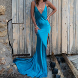 Elegant turquoise backless maxi dress with deep V-neck, thin straps, and high slit — By Keara | Endless UAE