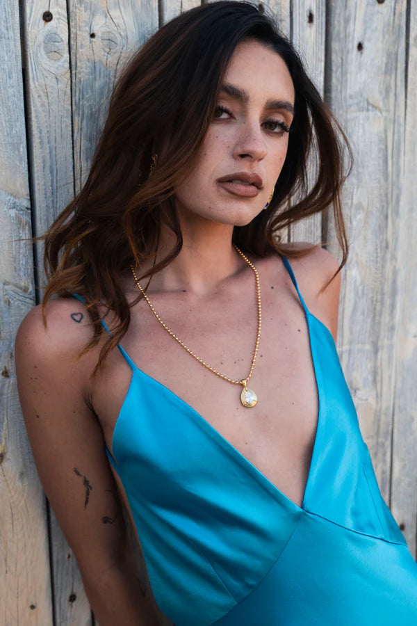Turquoise blue backless slip dress with deep V-neckline and spaghetti straps — By Keara | Endless UAE
