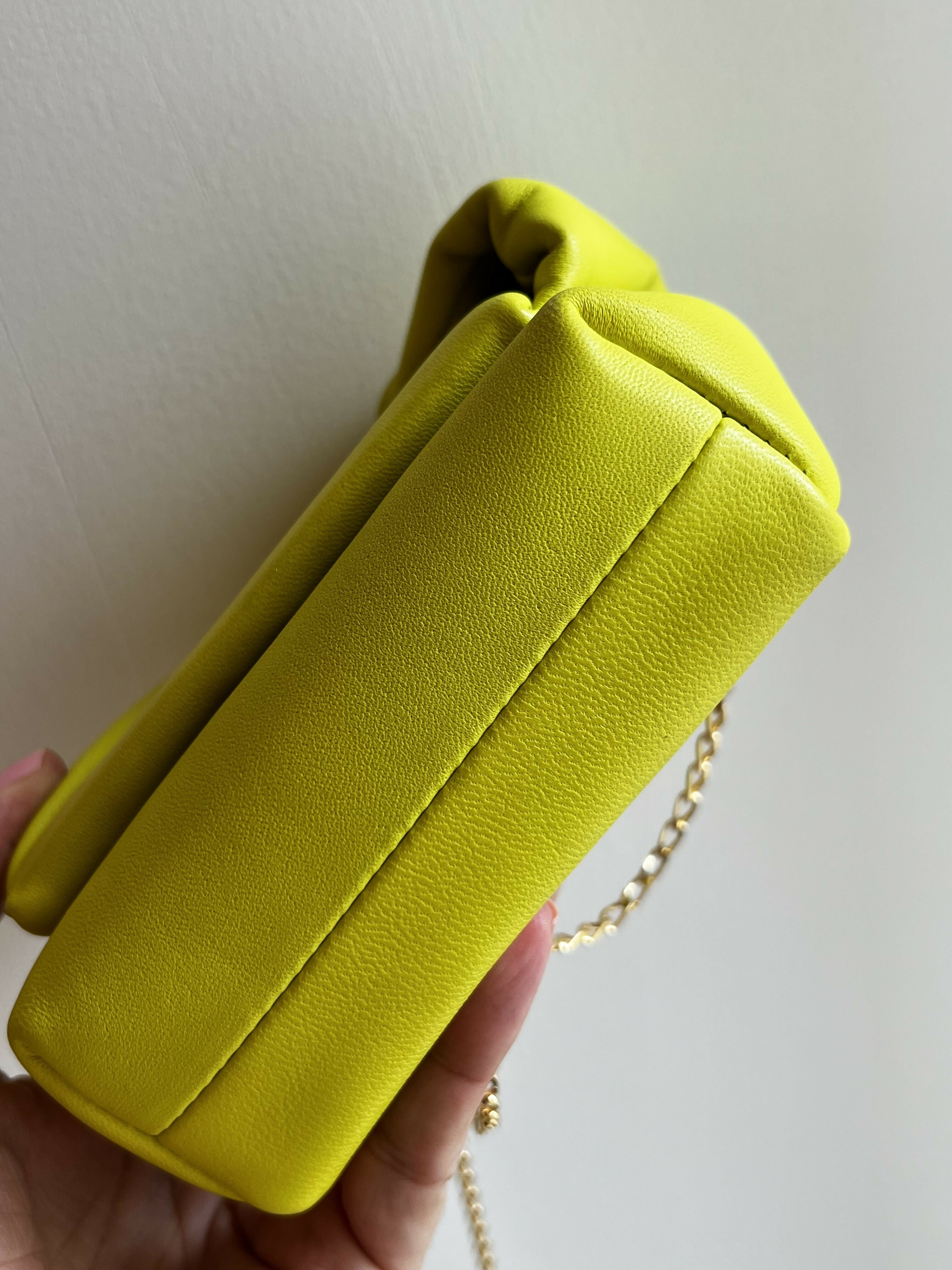 Bright yellow Twister Nano leather crossbody bag with knotted top and gold chain strap — JW Anderson | Endless UAE
