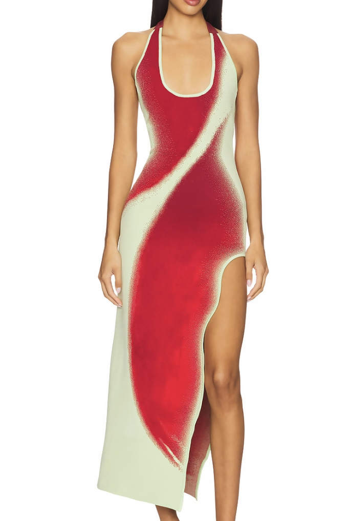 Long halter neck dress with red and cream gradient spray paint design and high side slit — ph5 | Endless UAE
