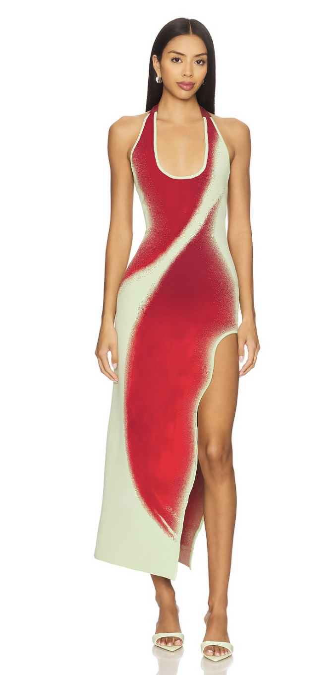 Long halter neck dress with red and cream gradient spray paint design and high side slit — ph5 | Endless UAE