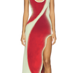 Long halter neck dress with red and cream gradient spray paint design and high side slit — ph5 | Endless UAE