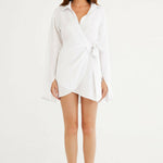 White wrap shirt dress with long sleeves and tie waist detail — Rumer | Endless UAE