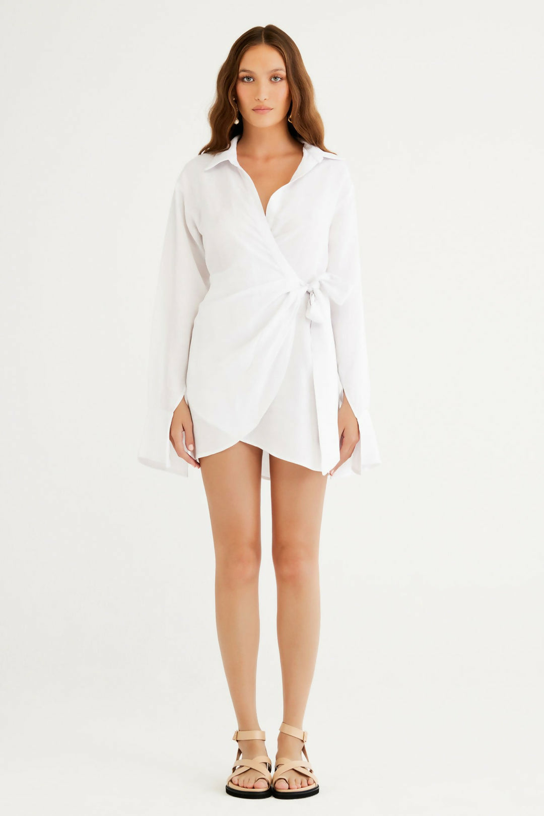 White wrap shirt dress with long sleeves and tie waist detail — Rumer | Endless UAE