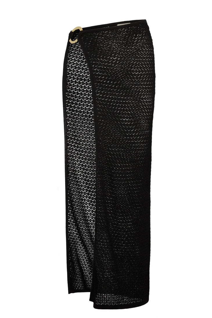 Black crochet knit wrap skirt with gold ring detail and side slit — Mondays Swimwear | Endless UAE