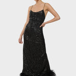 Black sequin slip dress with feather hem detail — Oséree | Endless UAE