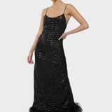 Black sequin slip dress with feather hem detail — Oséree | Endless UAE