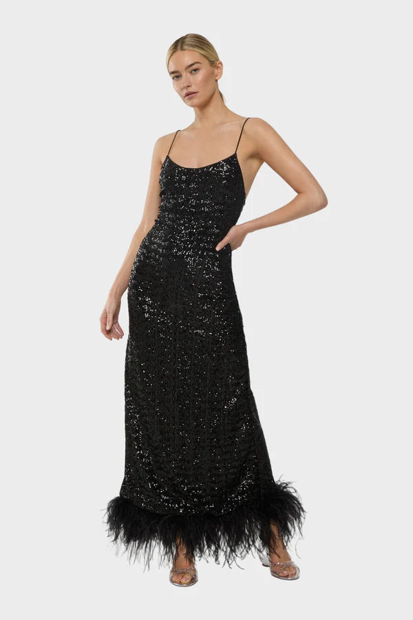 Black sequin slip dress with feather hem detail — Oséree | Endless UAE