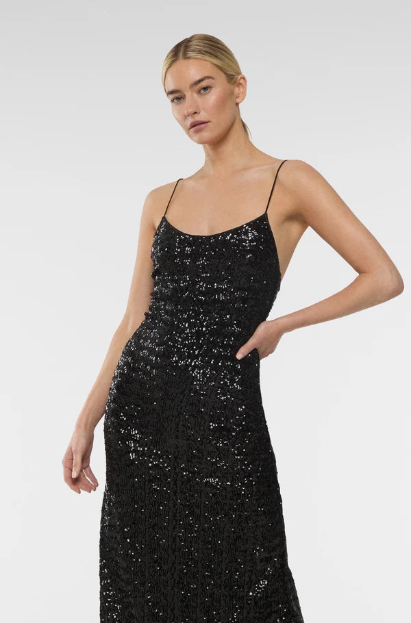 Black sequin slip dress with feather hem detail — Oséree | Endless UAE