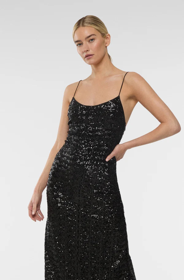 Black sequin slip dress with feather hem detail — Oséree | Endless UAE