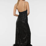 Black sequin slip dress with feather hem detail — Oséree | Endless UAE