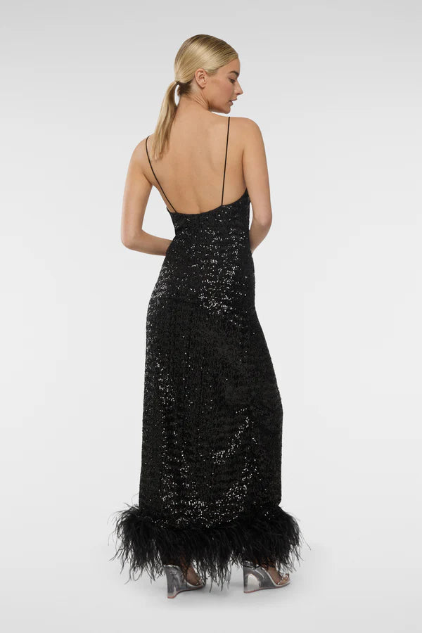 Black sequin slip dress with feather hem detail — Oséree | Endless UAE