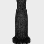 Black sequin slip dress with feather hem detail — Oséree | Endless UAE